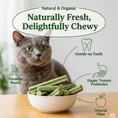 Cat with treats in a bowl, promoting natural and organic cat chews.