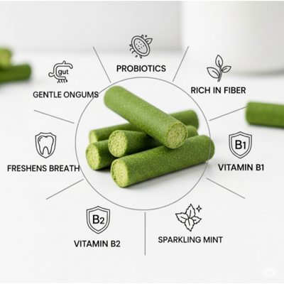 Green dog treats with health benefits listed on a white background