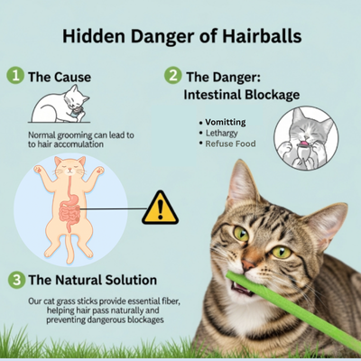 Diagram explaining the hidden danger of hairballs in cats, including causes, dangers, and a natural solution.