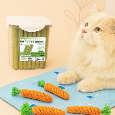 Cat playing with carrot-shaped chew toys on a mat, with a container of catnip sticks in the background.