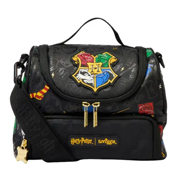 Black Smiggle lunch bag with Hogwarts crest and Harry Potter house symbols
