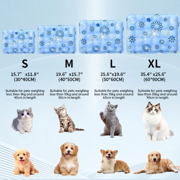 Pet bed size chart with cats and dogs and corresponding dimensions.