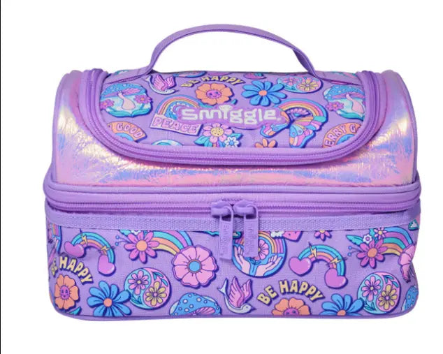 Purple lunch bag with rainbow and flower prints, Smiggle logo on top