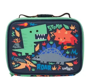 Colorful Smiggle dinosaur lunch bag for kids with roaring dino prints, perfect for school or travel meals