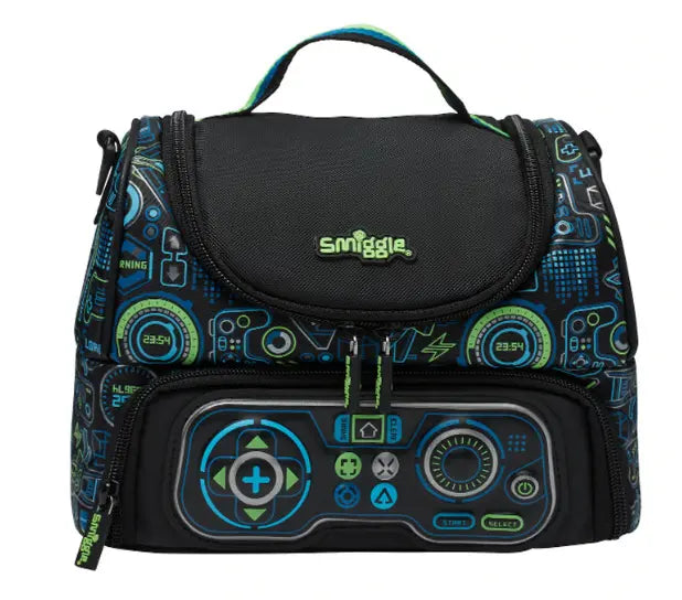 Black Smiggle lunch bag with neon game controller and digital print for boys