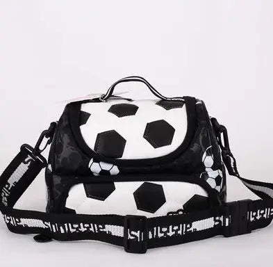 Black and white soccer ball design Smiggle lunch bag for sporty kids on light gray background