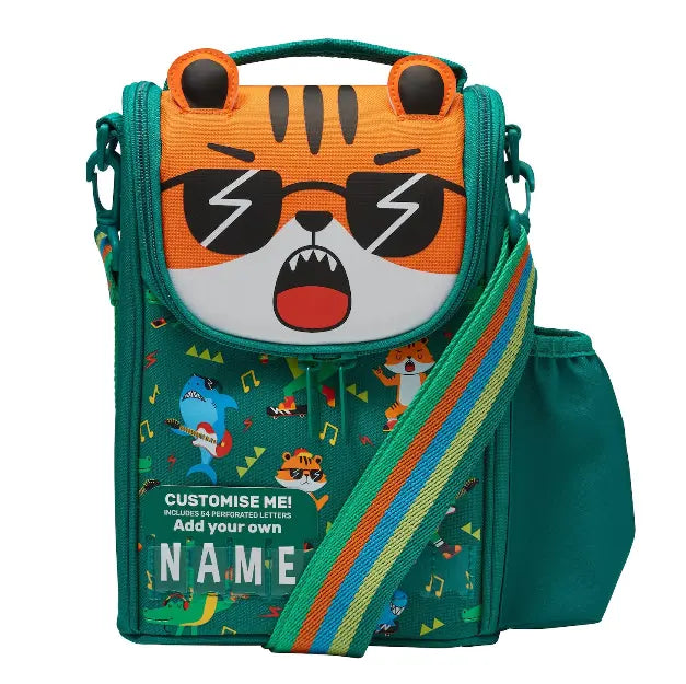 Kids green tiger lunch bag with rainbow strap"