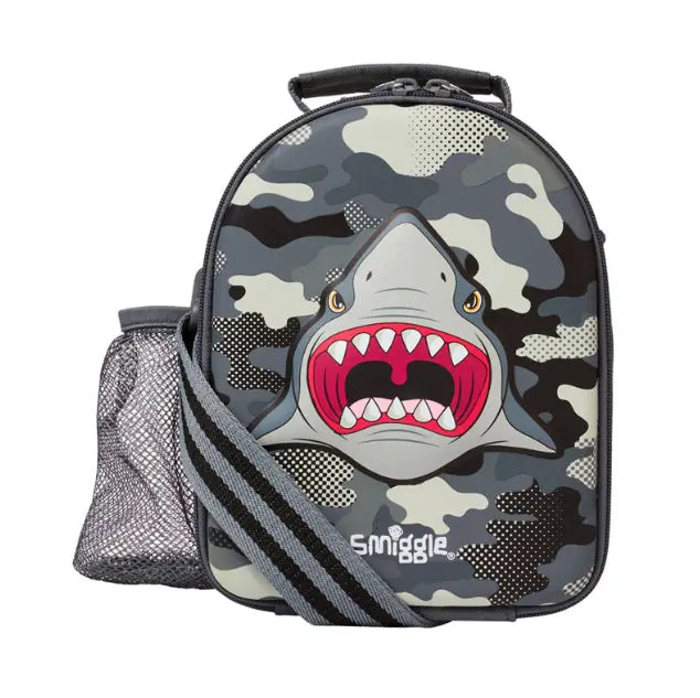 Kids camo shark lunch bag with mesh pocket