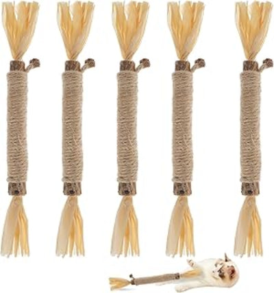 Set of six catnip toys with jute wrapping on a white background