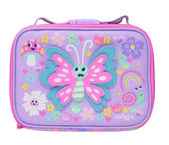 Purple kids’ lunch bag with cheerful butterfly and flower print