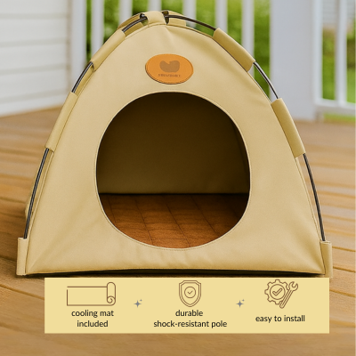 Beige pet tent with features listed on a wooden surface