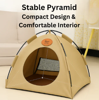 Beige pet tent with a compact design and comfortable interior on a light-colored floor.