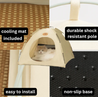 Pet bed with text highlighting features like cooling mat, durable pole, easy installation, and non-slip base.