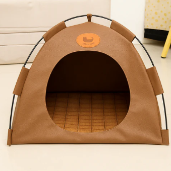 Brown pet tent with a visible brand logo on a light background