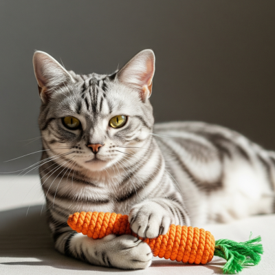 Cat playing with a carrot-shaped toy on a neutral background