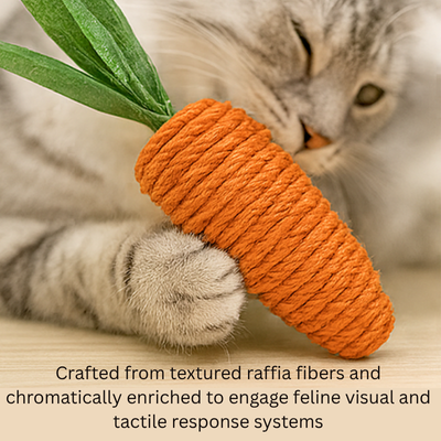 Cat playing with a carrot-shaped toy made of textured raffia fibers.