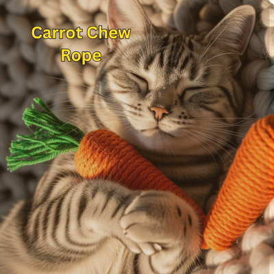 Cat playing with a carrot-shaped chew toy, with text 'Carrot Chew Rope' above.