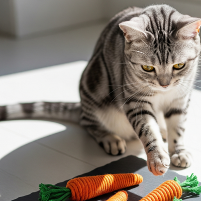 Cat playing with orange carrot-shaped cat toys on a black mat.