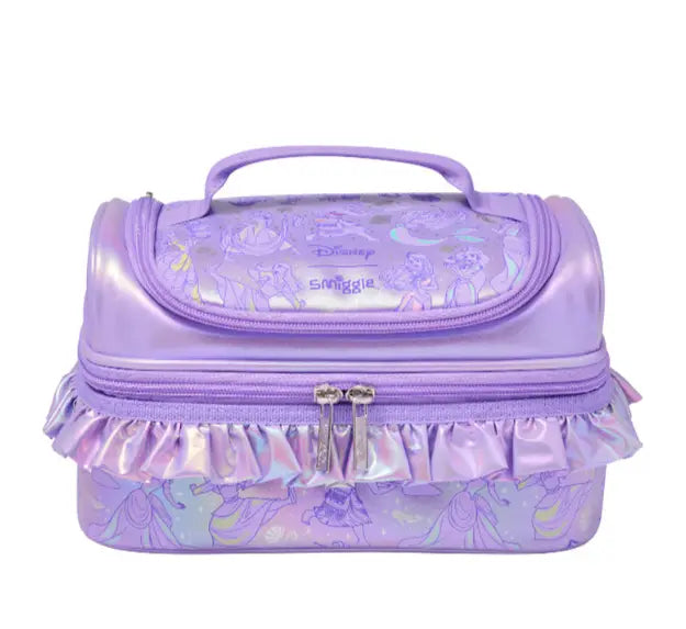 Purple lunch bag with Disney princesses and ruffle trim
