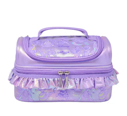 Purple lunch bag with Disney princesses and ruffle trim
