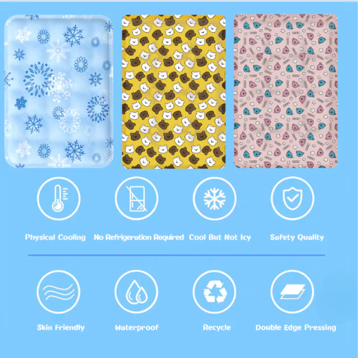 Three different patterned ice cube trays on a blue background with icons and text describing their features.