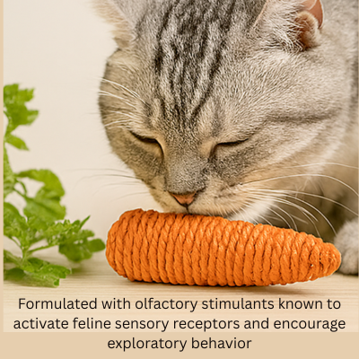 Cat playing with a carrot-shaped toy on a light wooden surface.