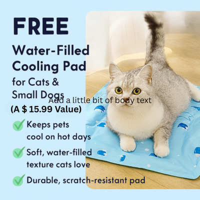 Cat sitting on a water-filled cooling pad with promotional text.