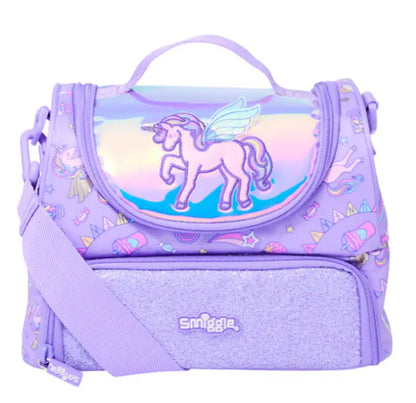 Purple lunch bag with holo unicorn and Smiggle logo

