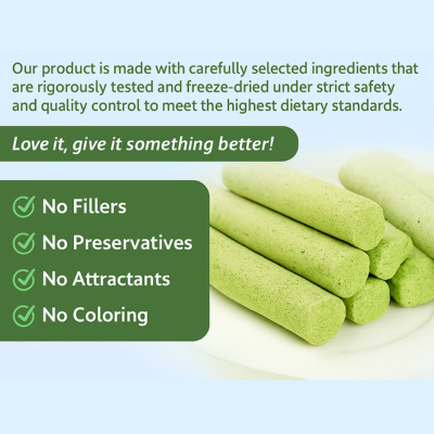 Green food product with text about ingredient quality and safety on a light blue background