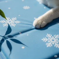 Cat paw on a blue surface with snowflake patterns