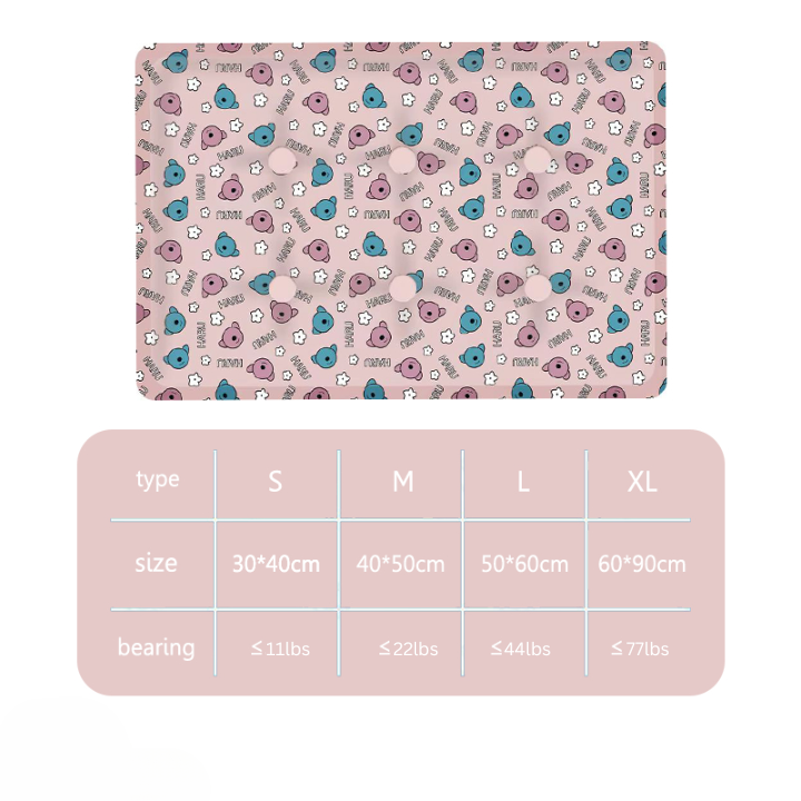 Pink patterned mat with size chart on a white background