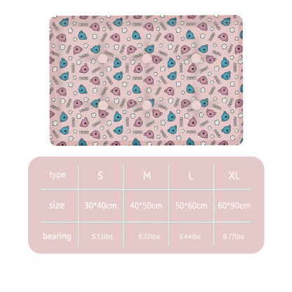 Pink patterned mat with size chart on a white background