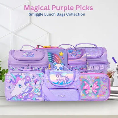Purple Smiggle lunch bag set for kids featuring unicorn and butterfly cartoon prints on white background