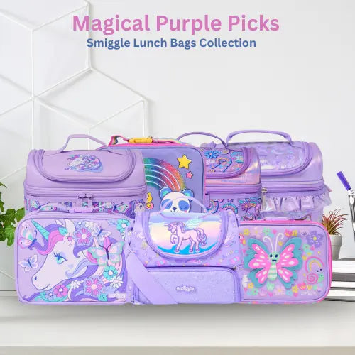 Purple Smiggle lunch bag set for kids featuring unicorn and butterfly cartoon prints on white background