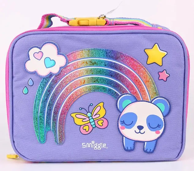 Purple lunch bag with glitter rainbow, panda, and butterfly design