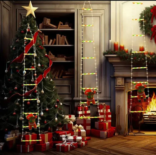 Decorated Christmas tree with lights and presents in a cozy living room.