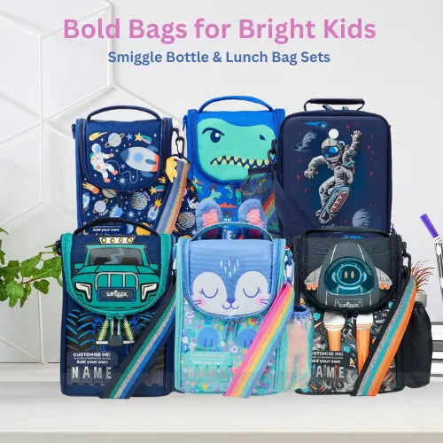 Boys’ Smiggle blue lunch bags and bottle sets with cartoon space and dino themes
