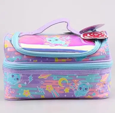 Colorful Smiggle lunch bag for kids with cute cartoon space designs in pastel pink, purple and teal – double-deck insulated box