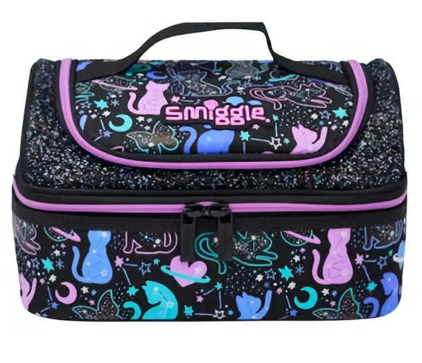 Black Smiggle lunch bag with glitter cat galaxy pattern in purple, teal, and blue