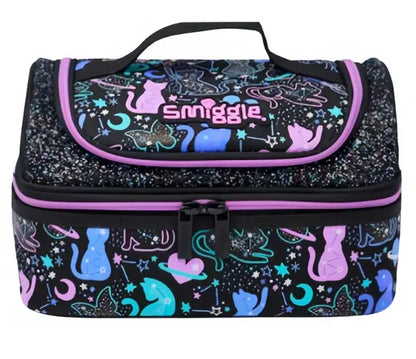 Black Smiggle lunch bag with glitter cat galaxy pattern in purple, teal, and blue