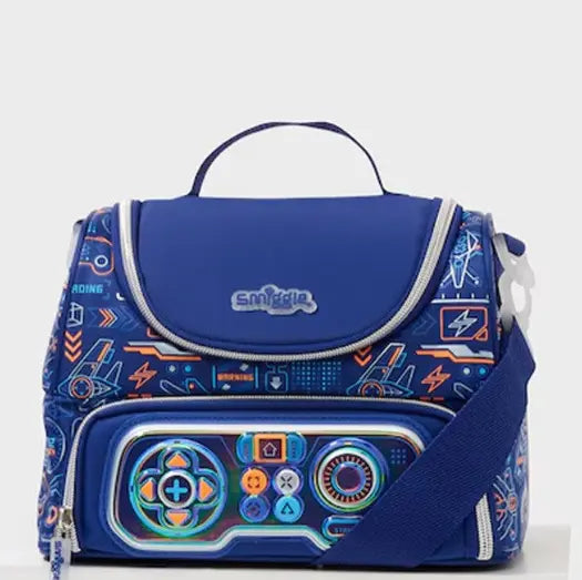 Blue Smiggle lunch bag with gamer controller print and shoulder strap

