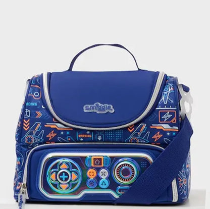 Blue Smiggle lunch bag with gamer controller print and shoulder strap

