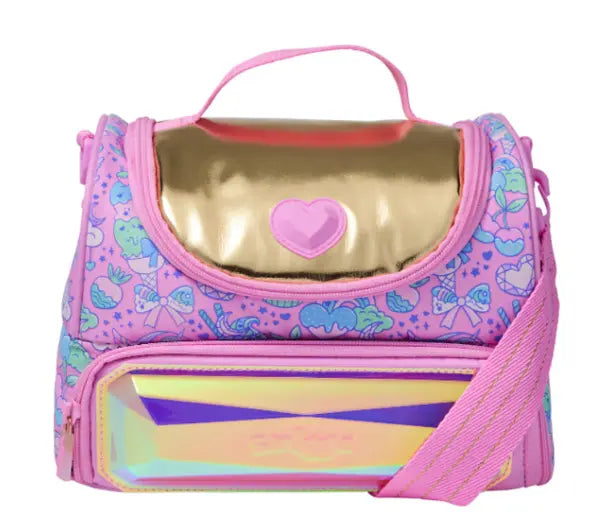 Smiggle pink lunch bag for girls with gold top, heart charm, and pastel bow prints – cute school meal carrier

