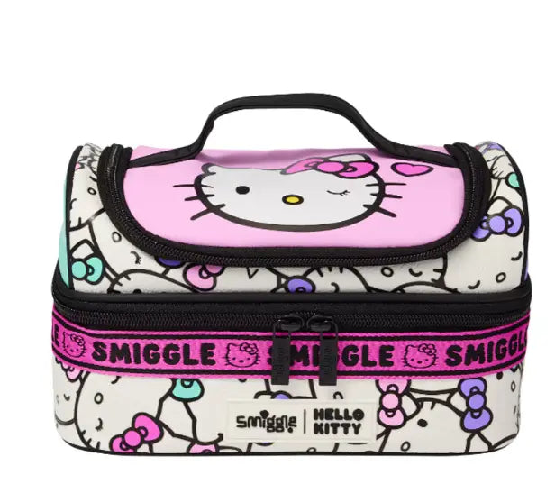 Cute Hello Kitty Smiggle lunch bag with pink and white bow pattern for girls, ideal for school or travel meals