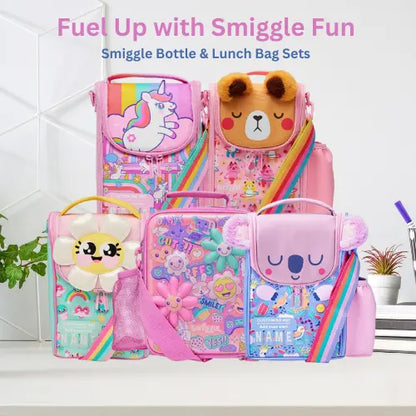 Pink Smiggle cartoon lunch bags with rainbow straps for kids

