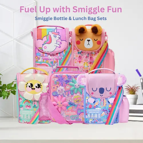 Pink Smiggle cartoon lunch bags with rainbow straps for kids

