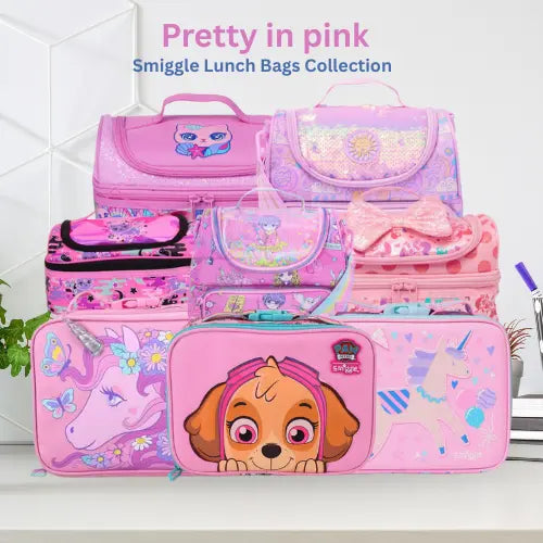 Smiggle pink lunch bags with unicorn and Paw Patrol cartoon prints on white backdrop