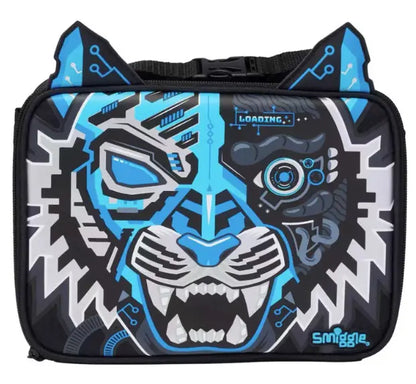 Black and blue robotic tiger lunch bag with Smiggle logo and tech design