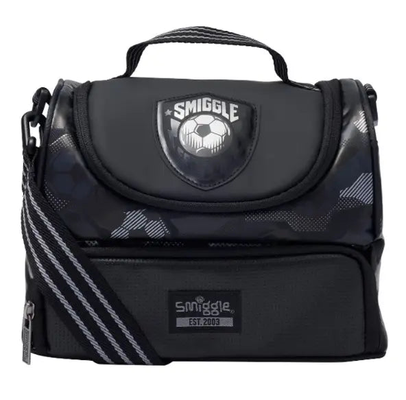 Black Smiggle lunch bag with soccer badge and shoulder strap for boys