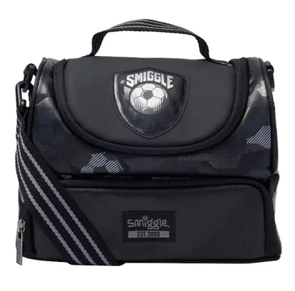 Black Smiggle lunch bag with soccer badge and shoulder strap for boys